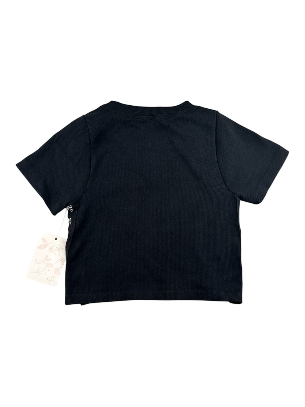 Black short sleeve stretchy punk crop top hook & eye side corsetry Edgy Tee Sz S - Picture 3 of 6